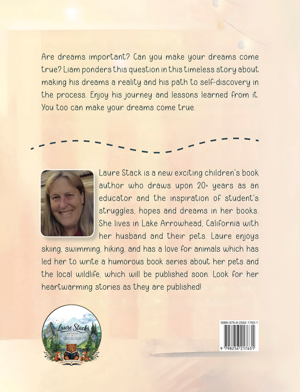 Back cover of a children's book titled 'The Timeless Story' by Laura Stack, featuring a beige background with black text, a small portrait photo of the author, a circular logo, and a barcode.
