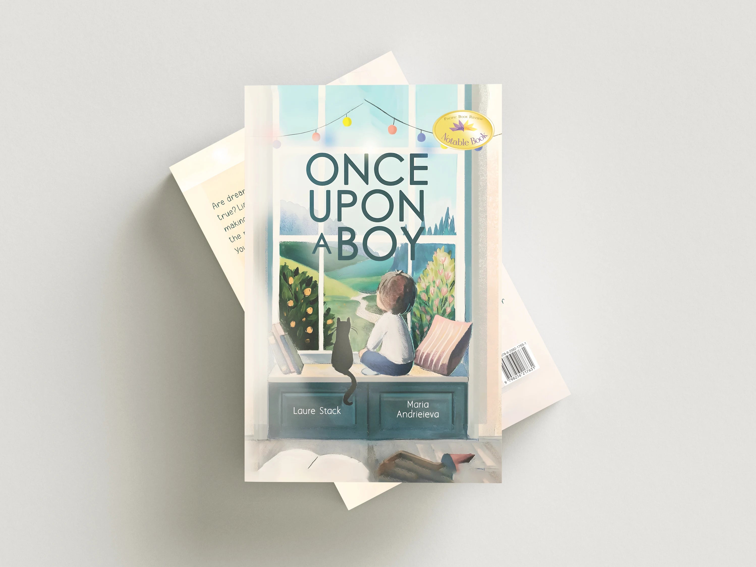 A children's book titled 'Once Upon a Boy' by Laura Shack and Mara Avroniemi, shown standing upright with its white paper cover slightly fanned behind it on a light gray background.